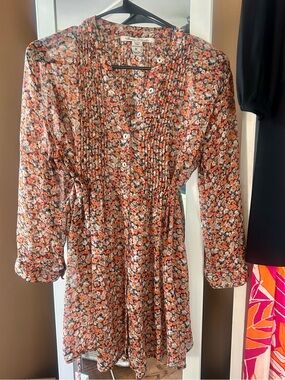 American Rag Floral Button-Front Long Sleeve Dress in Coral, White, Black